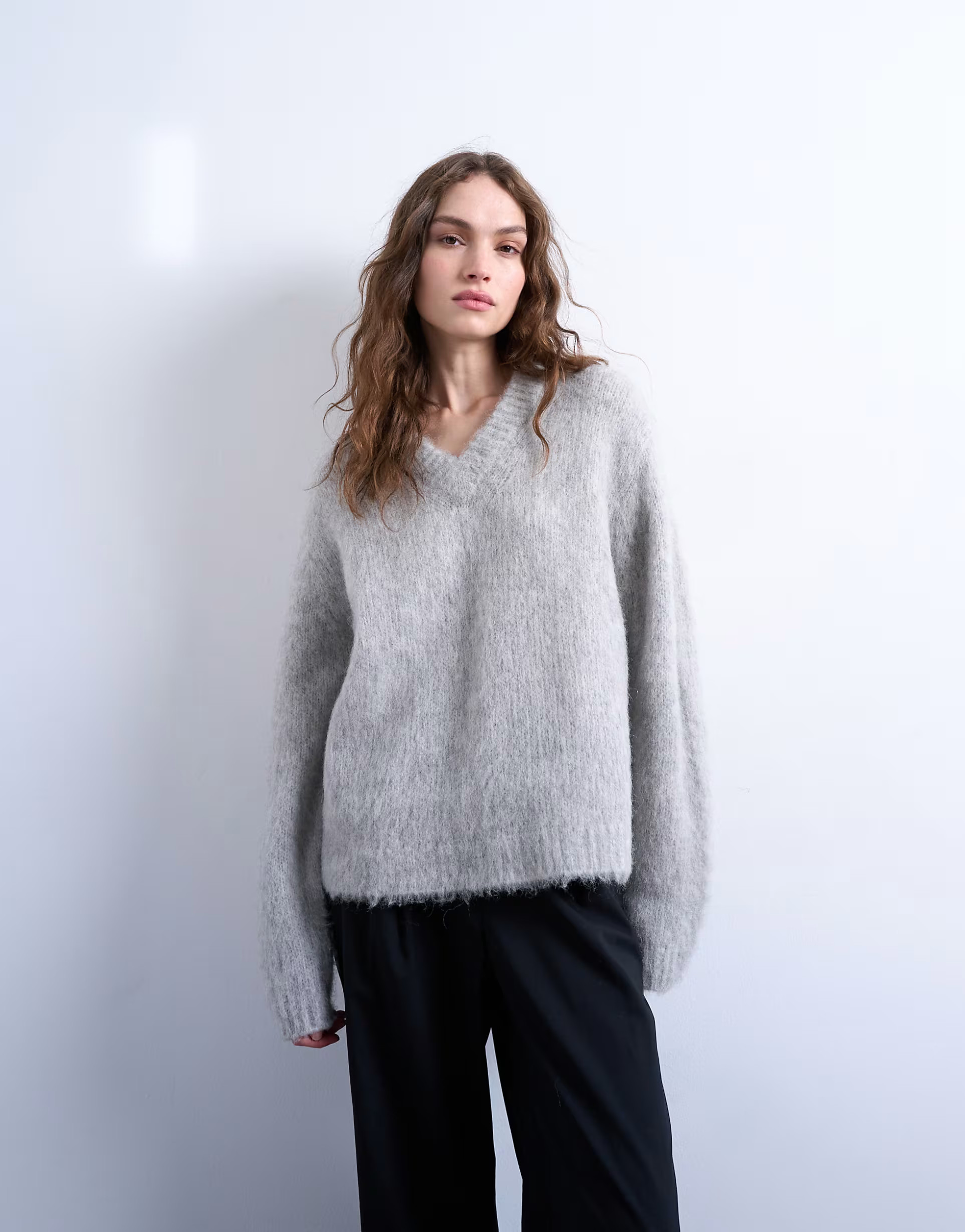 Topshop premium knitted fluffy v-neck alpaca jumper in light grey | ASOS | ASOS (Global)