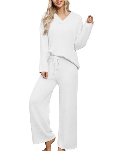 HNG Lounge Sets for Women Two Piece Outfits Fuzzy Fleece Pajama Set Long Sleeve Pullover Sweater Top and Wide Leg Pants White M | Amazon (US)
