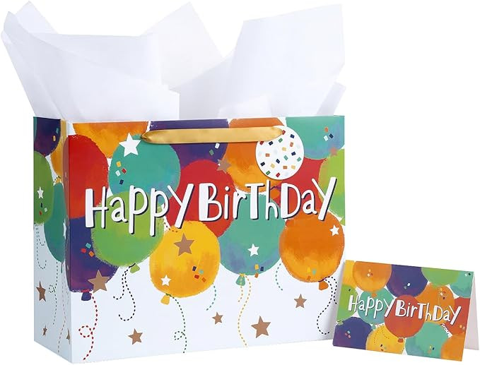 Loveinside Colorful Birthday Gift Bag, Balloons Pattern with HAPPY BIRTHDAY Text, Matching Tissue... | Amazon (US)