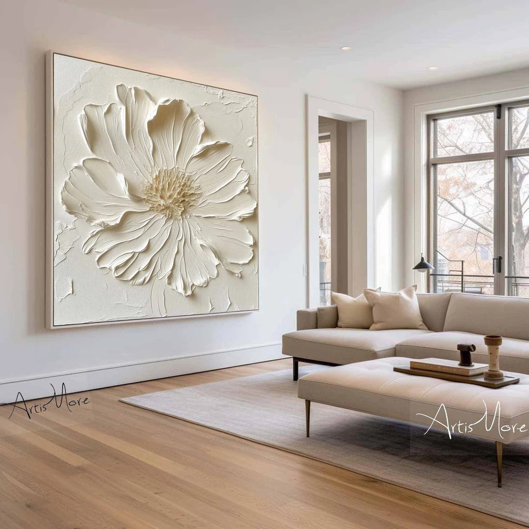 Large Textured Floral Wall Art Organic Modern Cream White Flower Painting Luxury Minimalist Canva... | Etsy (US)