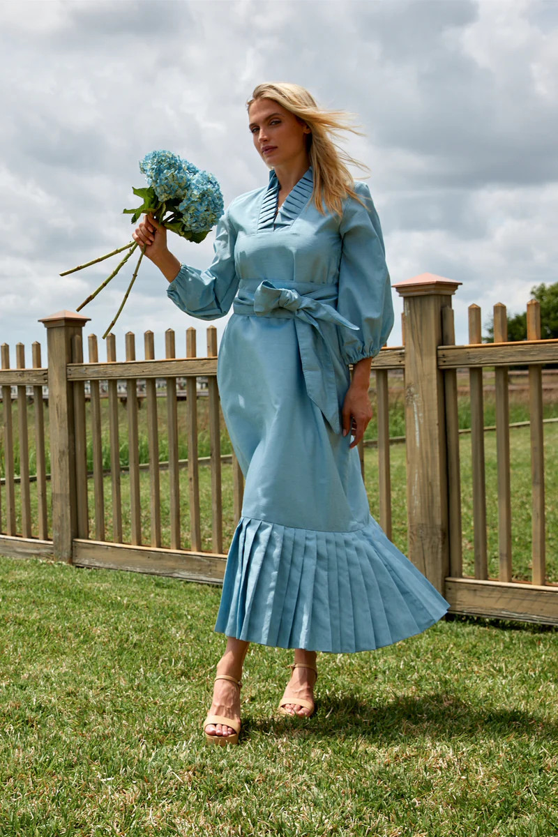 SUE SARTOR Pleated Flounce Maxi | Mist Raw Silk Taffeta | SUE SARTOR