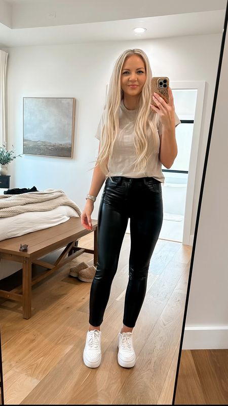 Such an easy but cute outfit to throw on to elevate your comfy casual look! These pants are the vegan leather but feel like leggings. They are so comfy. I am loving this new tee from @abercrombie - it’s soft and easy to style. It is somewhere between cropped and not. 
.
.
#likecommentshare #style #ootd #ootdfashion #comfy #comfystyle #comfyclothes #comfylook #casualstyle #casualoutfit #sneakers #nikesneakers #nikeplatformsneakers #nikecourtvision #leatherpants #leather #tee #neutralstyle #neutraltones #neutralfashion #minimalistlifestyle #minimaliststyle 



#LTKstyletip #LTKSale #LTKsalealert