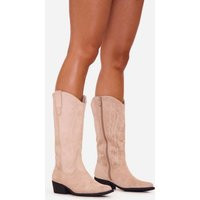 Olive Embroidered Detail Mid Calf Western Cowboy Boot In Beige Faux Suede, Women's Size UK 4 | EGO (UK)