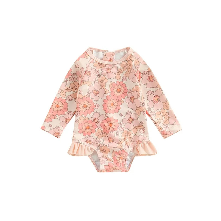 Bagilaanoe Toddler Baby Girl One-Piece Swimsuit Flower Print Long Sleeve Rashguard Swimwear 9M 12... | Walmart (US)