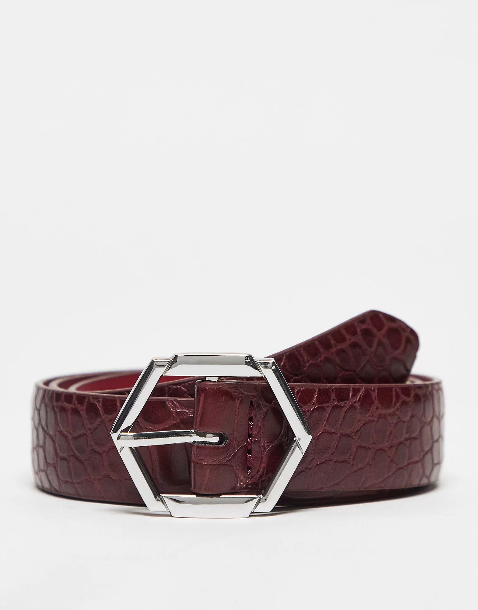 ASOS DESIGN smart belt with hexagon buckle in burgundy faux croc | ASOS (Global)