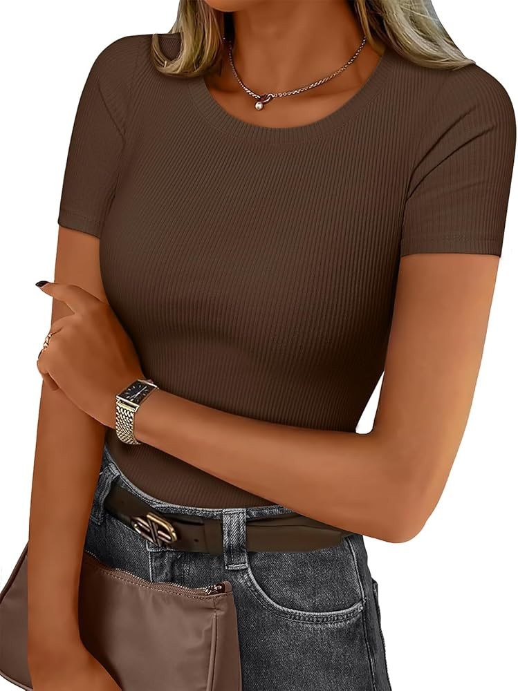 Trendy Queen Womens Short Sleeve Shirts Crewneck Ribbed Knit Slim Fitted T-Shirt Summer Basic Tee... | Amazon (US)