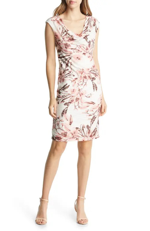 Connected Apparel Floral Jacquard Knit Cowl Neck Sheath Dress in Ivory/Camel at Nordstrom, Size 10 | Nordstrom