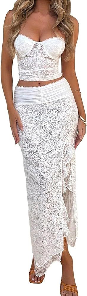 Alyweatry Women 2 Piece Long Skirt Set Sheer Mesh Lace Crop Top and Bodycon Maxi Skirt Summer Out... | Amazon (US)