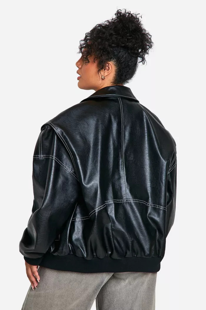 Plus Pu Contrast Stitch Oversized Bomber Jacket | boohoo (US & Canada)