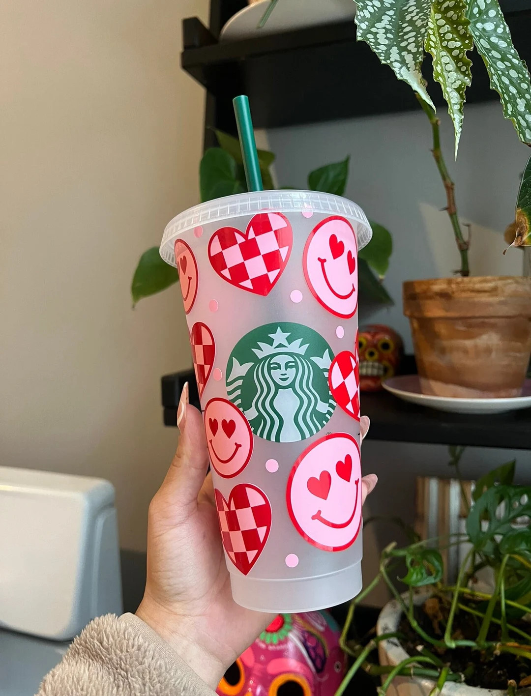 Heart Eyes Smiley Face Cup | Checkered Heart Cup | Valentine's Day Starbucks Cup | Checkered Hear... | Etsy (Global)