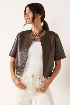 EVEREVE Women's Billie Leather Bomber Jacket, Size XL, Chocolate Brown | Evereve