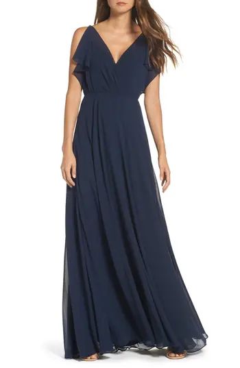 Women's Jenny Yoo Cassie Flutter Sleeve Chiffon A-Line Gown, Size 18 - Blue | Nordstrom