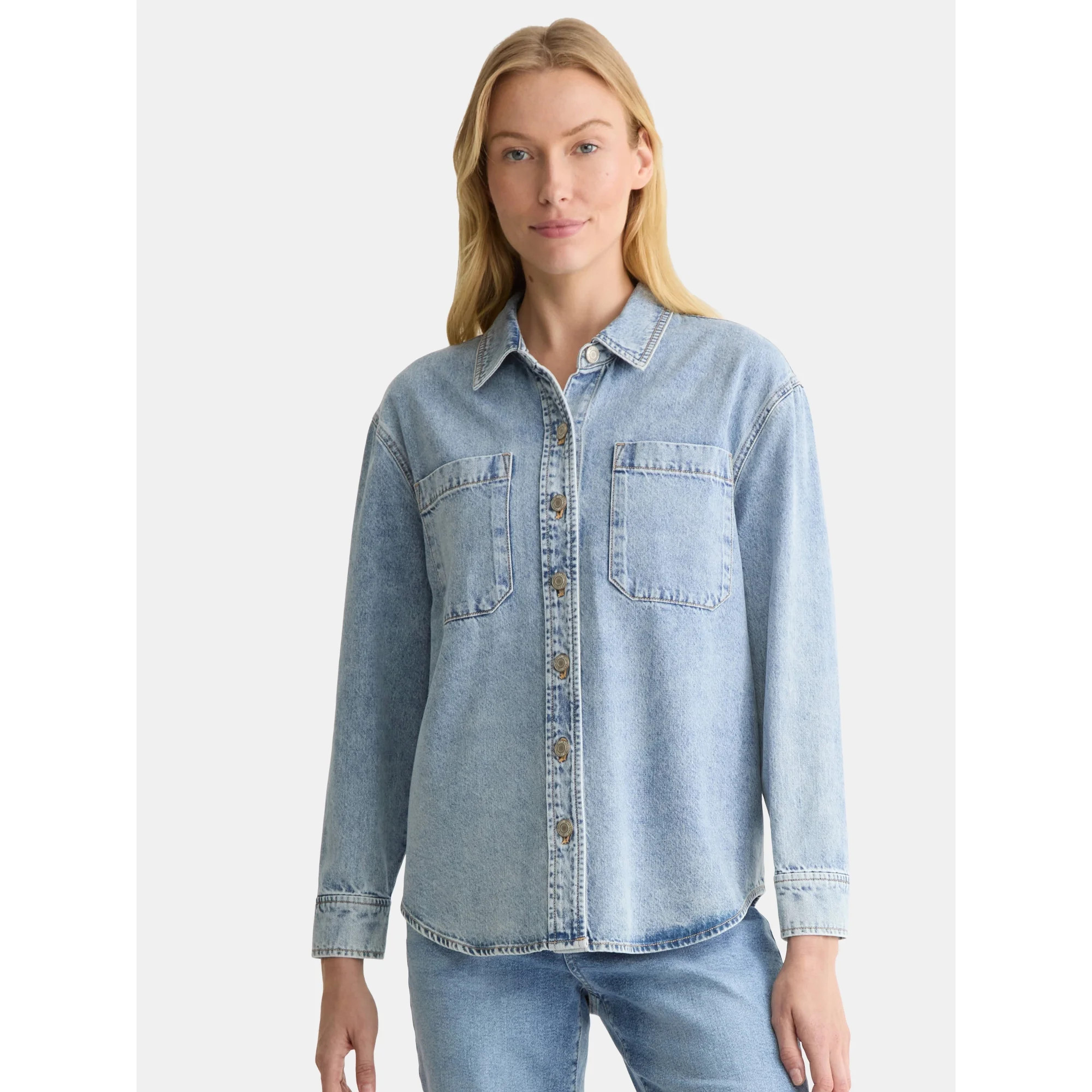 Time and Tru Women's Denim Overshirt with Long Sleeves, Sizes XS-XXXL | Walmart (US)
