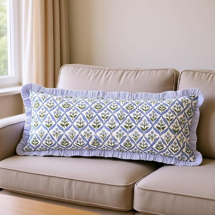 Ridhi Block Print Light Steel Blue 36"x14" Set 1-100% Cotton Ruffle Lumbar Sham Cover Boho Floral... | Amazon (US)