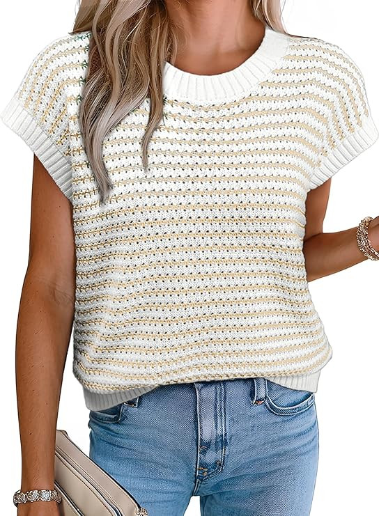 EVALESS Women's Sweater Vest Striped Pullover Tank Top Round Neck Cap Sleeve Lightweight 2025 Sum... | Amazon (US)