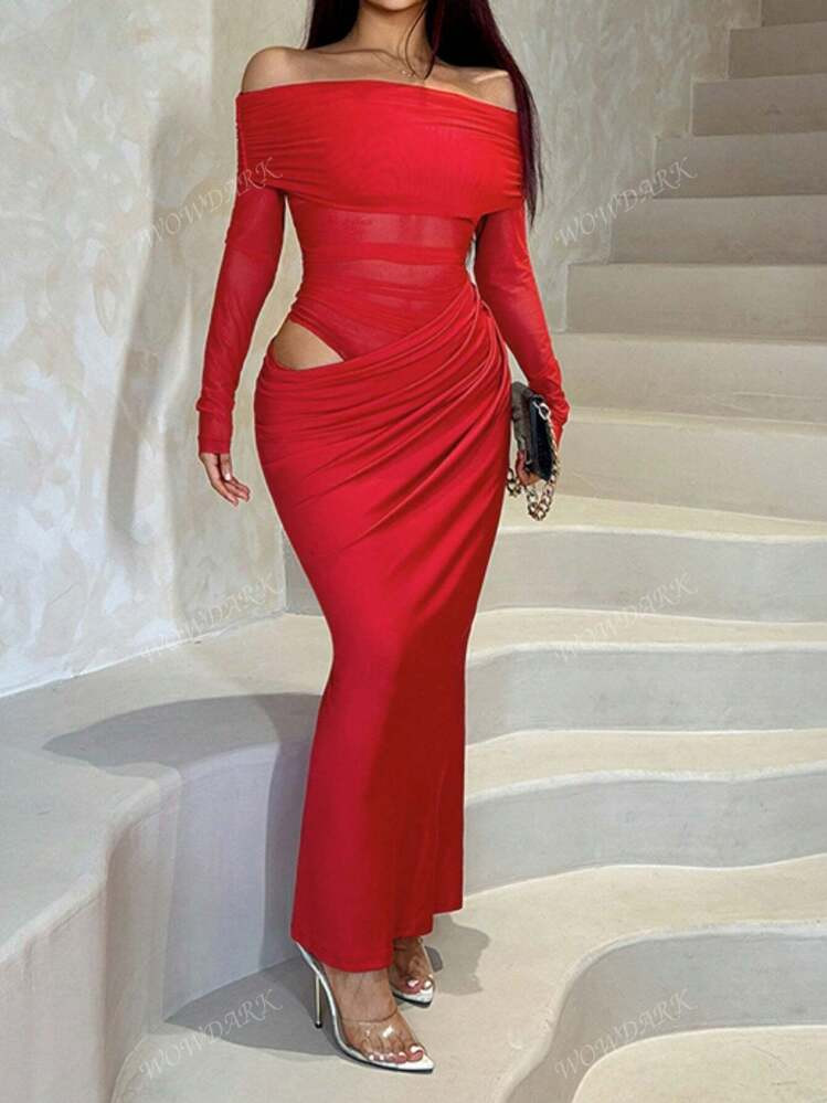 Women's Autumn Solid Color Off-Shoulder Long Mesh Hollow-Out Bodycon Dress | SHEIN