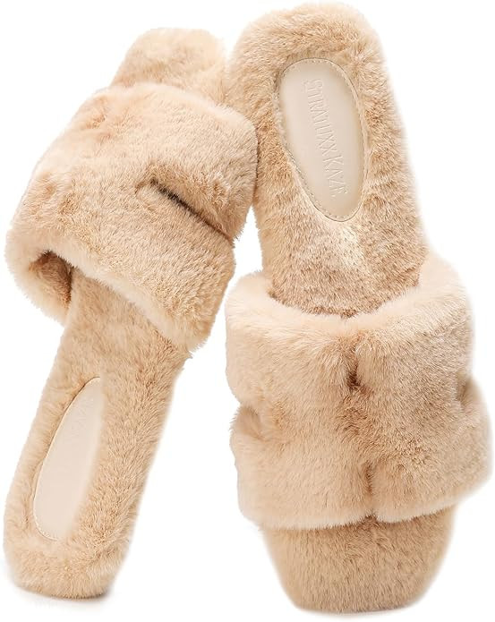 Stratuxx Kaze Womens Fur Slippers Comfy House Slides Sandals Open Toe Memory Foam Indoor Fluffy S... | Amazon (US)