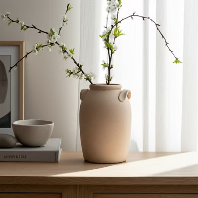 Ceramic Vase with Handles - Decorative Flower Holder - Textured Rustic Home Decor - Handmade Pottery - Living Room, Bedroom, Office - 8" Ivory & Tan | Target