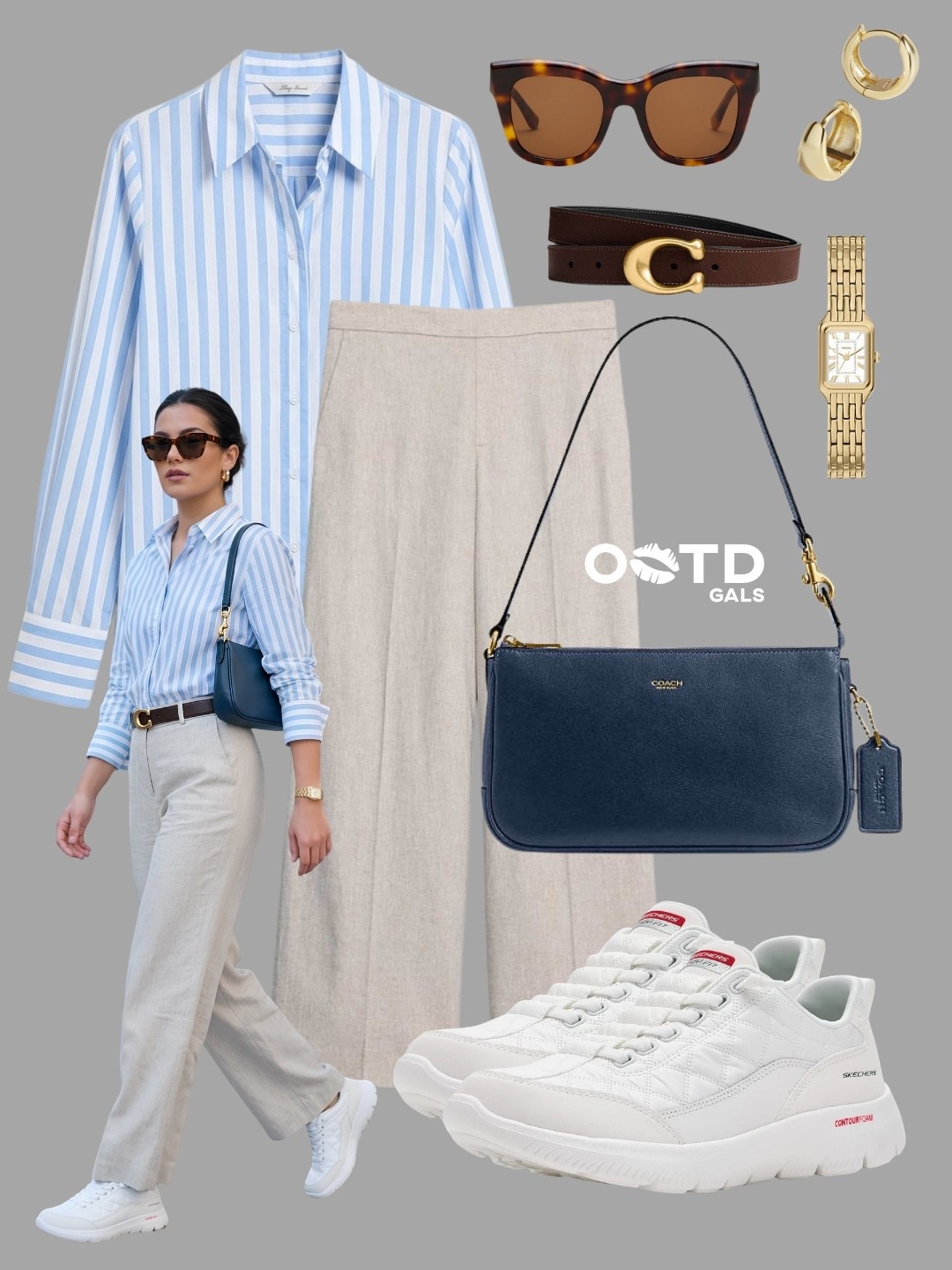 Classic blue stripes and linen trousers create the perfect elevated everyday outfit 💙

This look blends polished tailoring with comfortable essentials, making it ideal for busy days when you want to look effortlessly put together.

✨ Style Details:
• Light blue and white striped button-down shirt
• Relaxed linen wide-leg trousers in a soft natural beige tone
• White comfort sneakers for all-day wear
• Navy leather shoulder bag with gold hardware
• Brown leather belt that adds warmth and definition
• Gold hoop earrings, gold watch, and tortoiseshell sunglasses for a timeless finish

The crisp stripes, airy linen, and clean white sneakers create a sophisticated yet relaxed combination that feels fresh, versatile, and easy to style.

Perfect for travel days, sightseeing, casual office outfits, coffee dates, weekend errands, lunch meetings, airport style, or everyday wear when comfort and polish are equally important.

#LTKsummer #LTKsale #LTKstyletip
