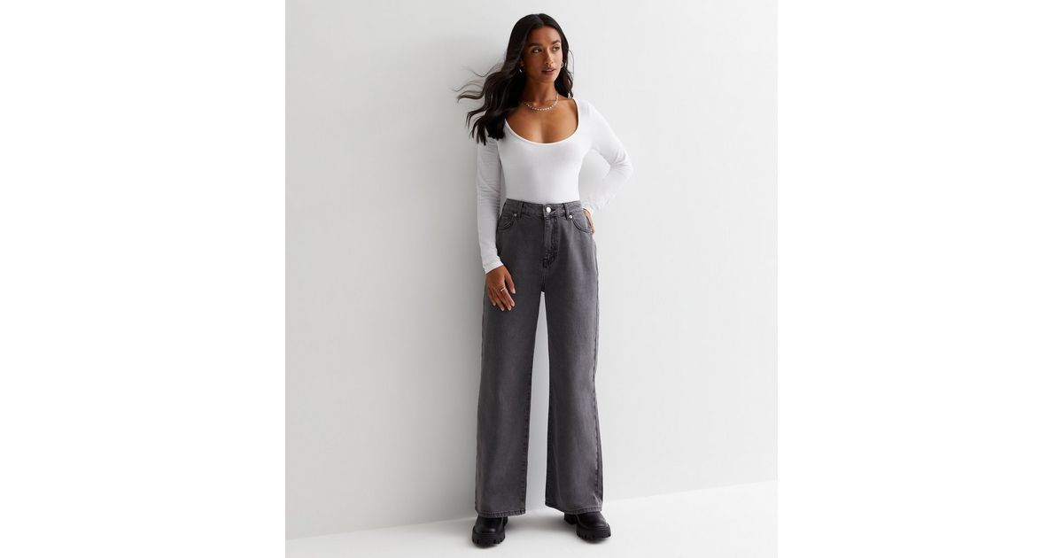 Petite Dark Grey High Waist Adalae Wide Leg Jeans | New Look | New Look (UK)