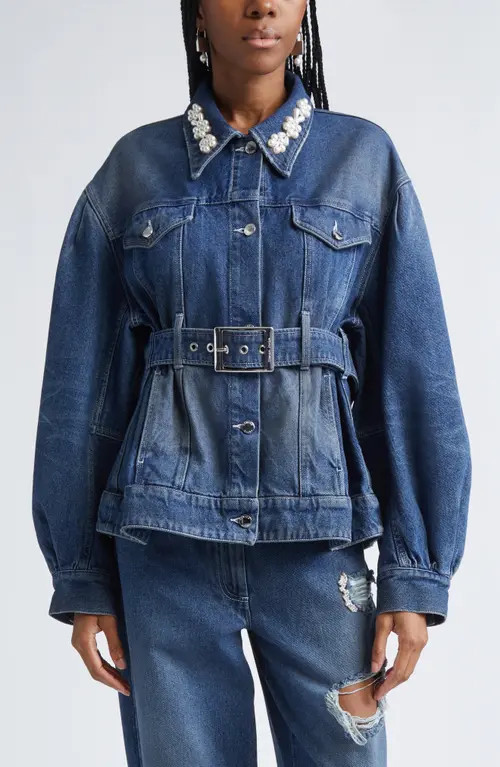 Simone Rocha Faux Pearl Detail Belted Denim Jacket in Distressed Blue/Pearl at Nordstrom, Size 8 Us | Nordstrom