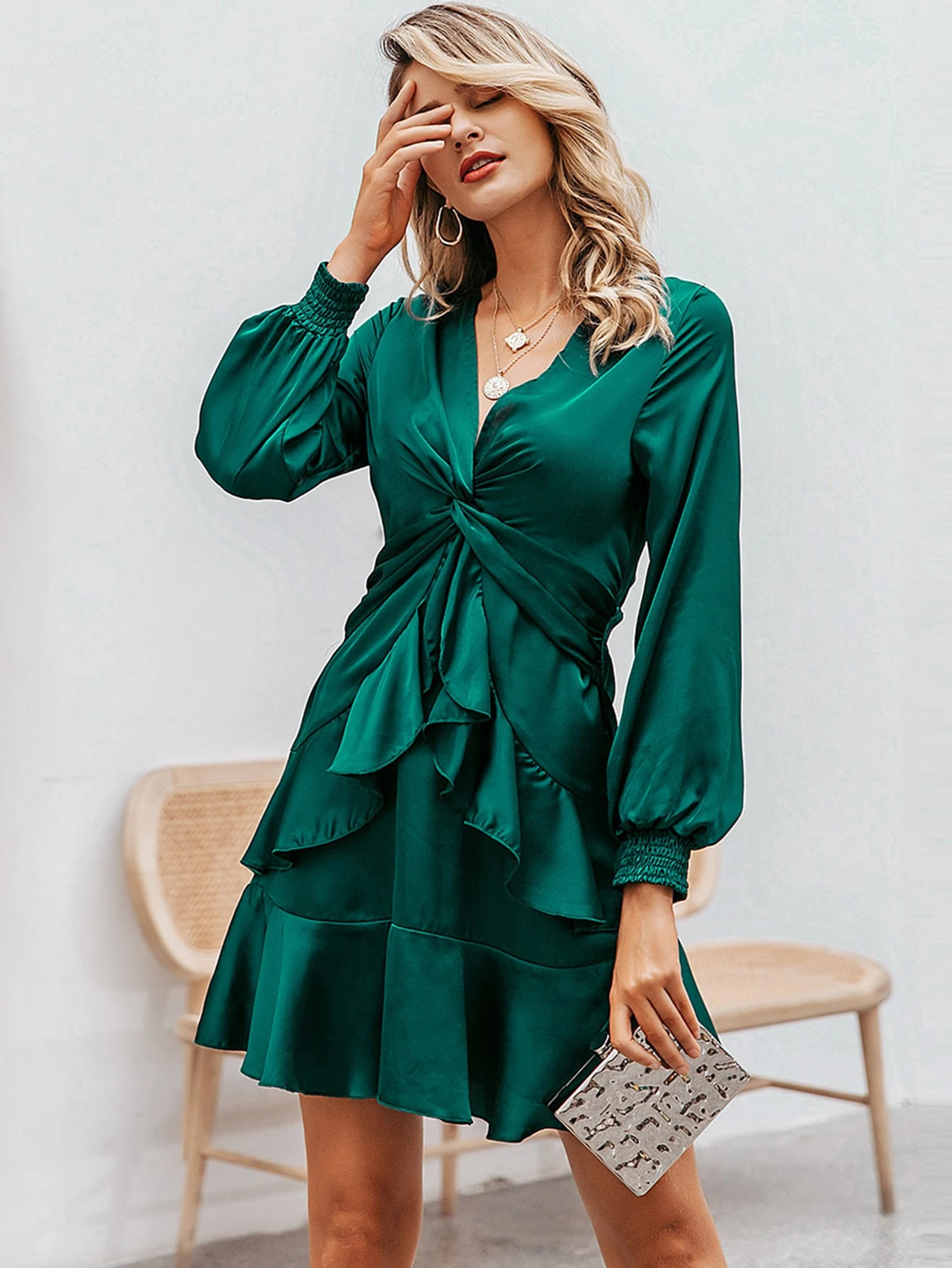 Simplee Ruffle Hem Twist Front Shirred Cuff Satin Dress | SHEIN