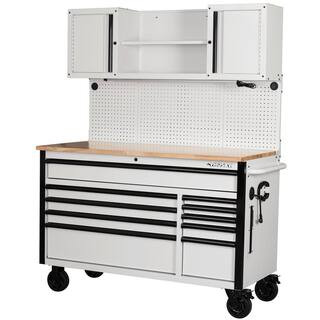 56 in. W x 27.6 in. D Heavy Duty 10-Drawer Gloss White Mobile Workbench with Pegboard and Top Cab... | The Home Depot