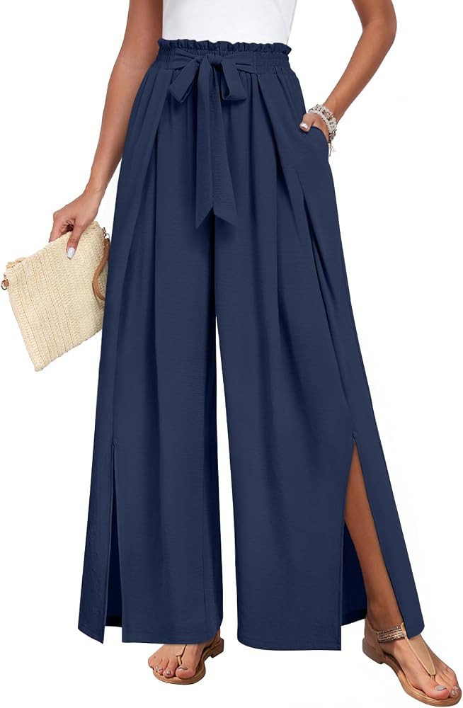 Women's Wide Leg Slit Pants High Waist Flowy Boho Palazzo Trousers with Pockets | Amazon (US)