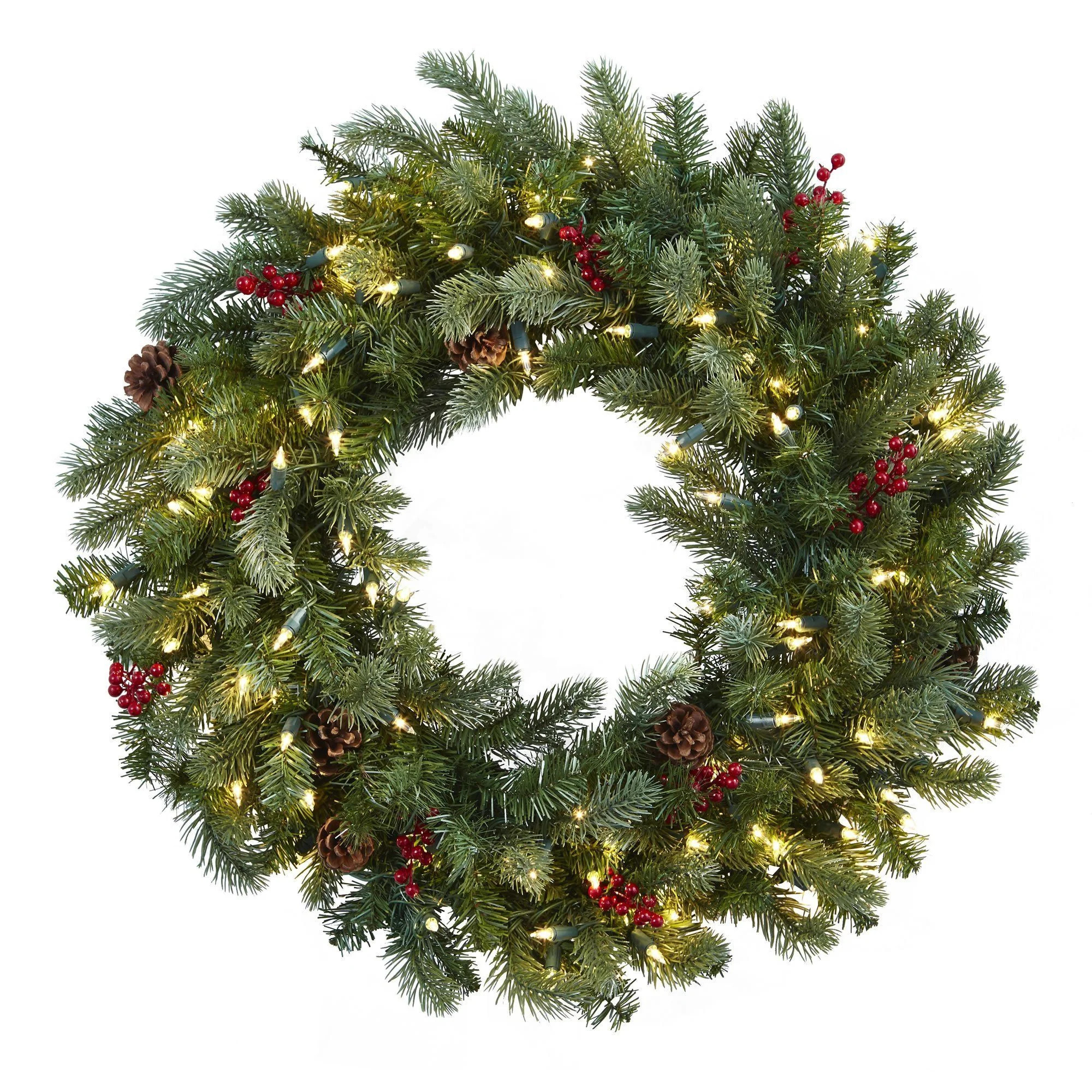 30” Lighted Pine Wreath w/Berries & Pine Cones | Nearly Natural | Nearly Natural