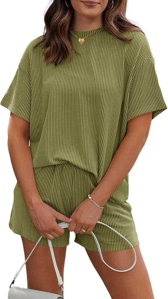 RUBZOOF Women's 2 Piece Sets Short Sleeve Outfits Ribbed Textured Knit Lounge Shorts Set Oversize... | Amazon (US)