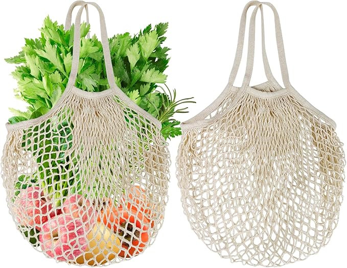 2-Pack Reusable Mesh Grocery Bags, 100% Cotton String, Long Handle Produce Bags, Fruit & Veggie S... | Amazon (US)