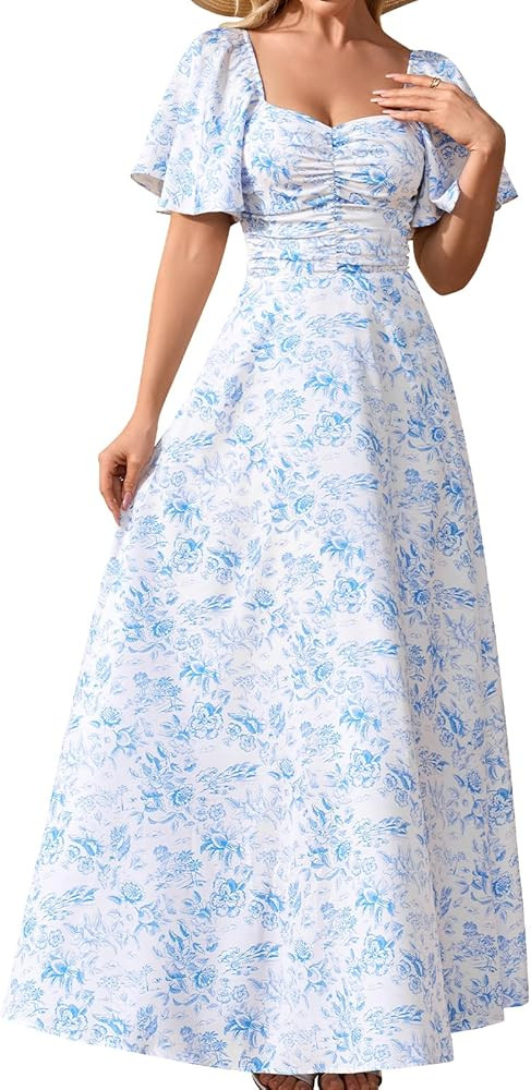GLNEGE Women’s Summer Floral Maxi Dress Casual Short Sleeve V Neck A-Line Flowy Dresses Beach W... | Amazon (US)