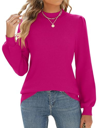LOMON Hot Pink Sweater for Women Long Sleeve Pleated Shoulder Turtleneck Fall Knit Pullover Sweaters (Hot Pink,XL) | Amazon (US)
