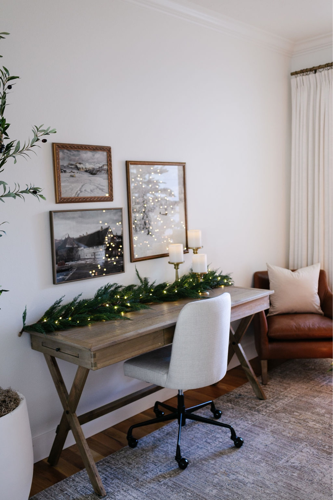 Home office
Christmas garland
Artwork 
Christmas decor
Upholstered desk chair
Campaign desk
Leather chair

#LTKhome #LTKHoliday #LTKsalealert