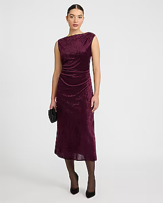 Velvet Boat Neck Cap Sleeve Ruched Midi Dress | Express