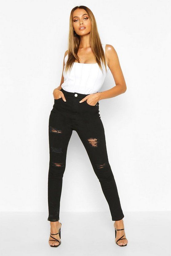 Basics High Waist Super Distressed Skinny Jeans | Boohoo.com (US & CA)