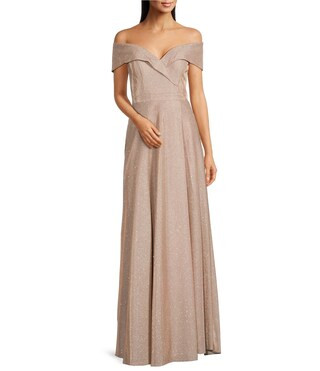 Off-the-Shoulder Short Sleeve Sweetheart Neck Thigh High Slit Pleated Glitter Gown | Dillard's