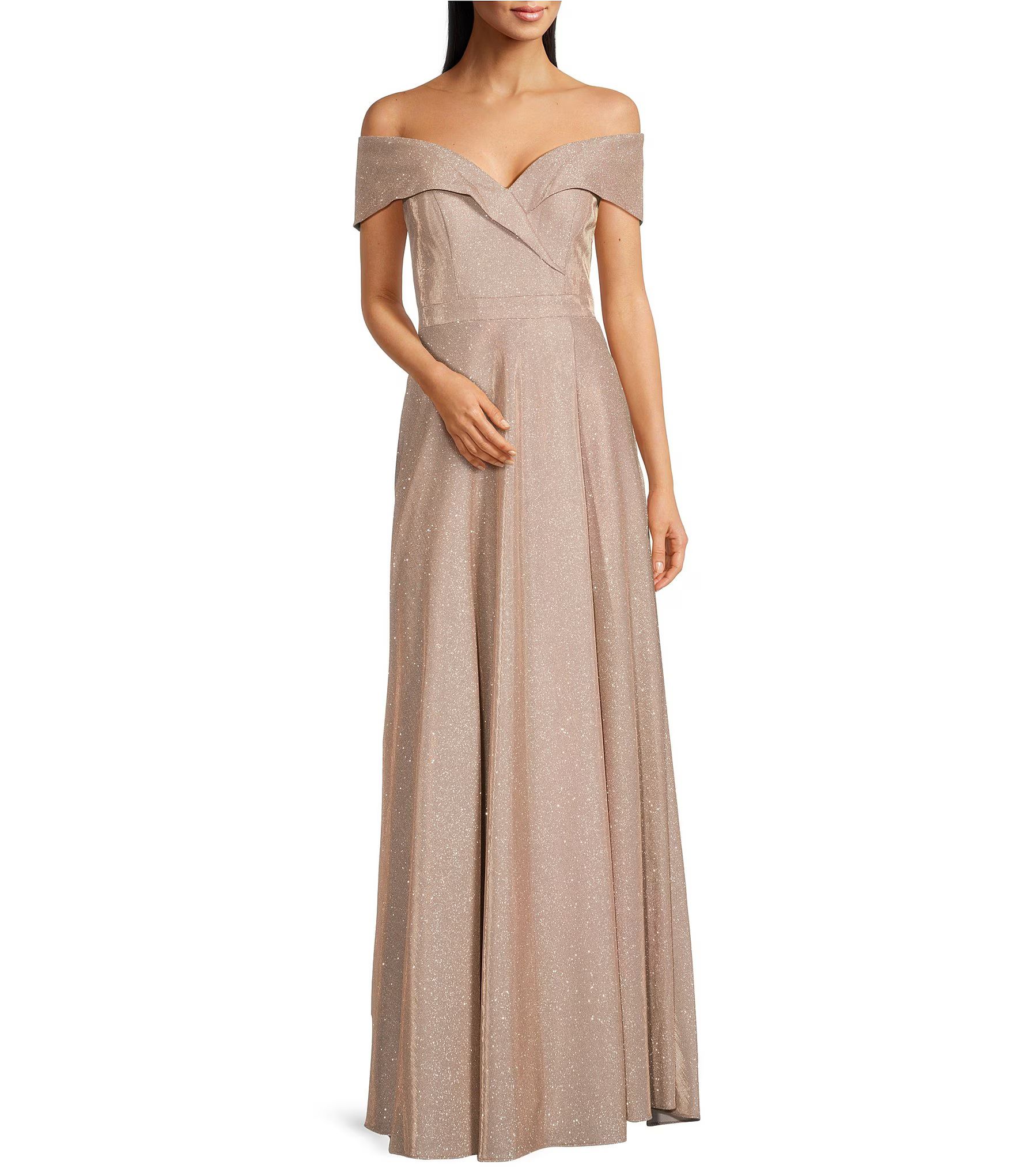 Off-the-Shoulder Short Sleeve Sweetheart Neck Thigh High Slit Pleated Glitter Gown | Dillard's