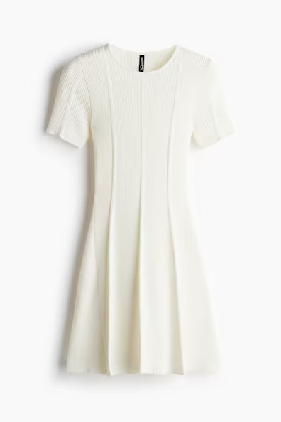 H & M - Rib-Knit Dress with Flared Skirt - White | H&M (US, CA, MX)