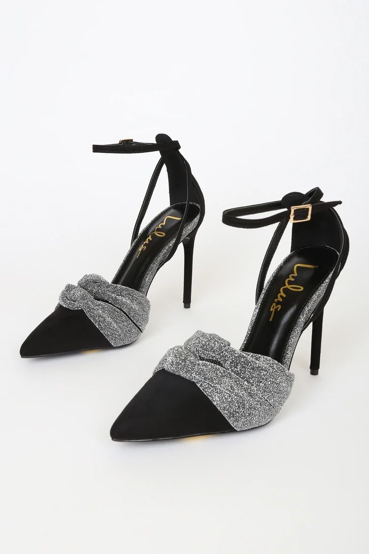 Santina Black and Pewter Pointed-Toe Ankle Strap Pumps | Lulus (US)