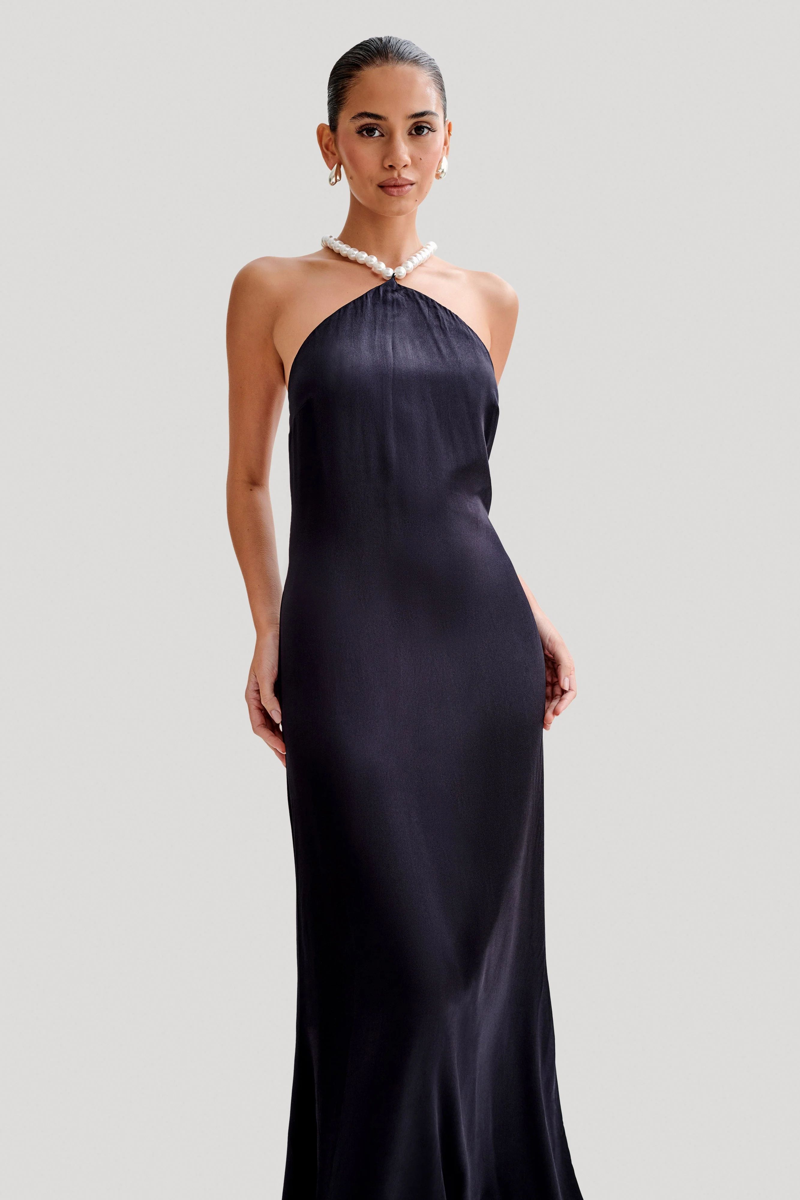 Blanche Satin Pearl Halter Maxi Dress - Black | MESHKI US