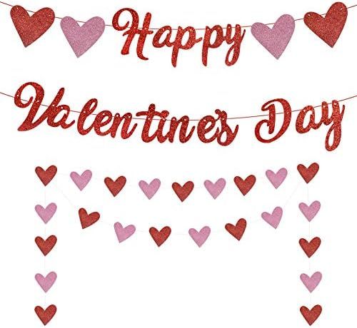 Happy Valentines Day Banner, Red Glittery Valentines Day Party Decorations, Valentines Day Garland,  | Amazon (US)