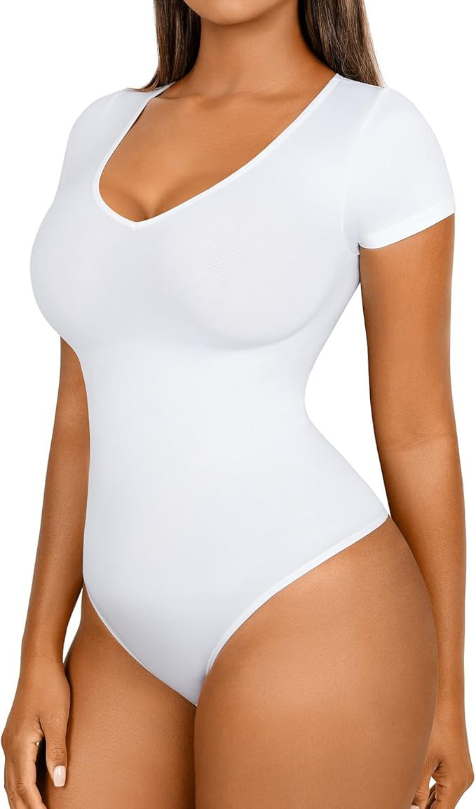 FeelinGirl Short Sleeve Bodysuit for Women Tops Tummy Control V Neck Thong Shapewear Bodysuit Dai... | Amazon (US)