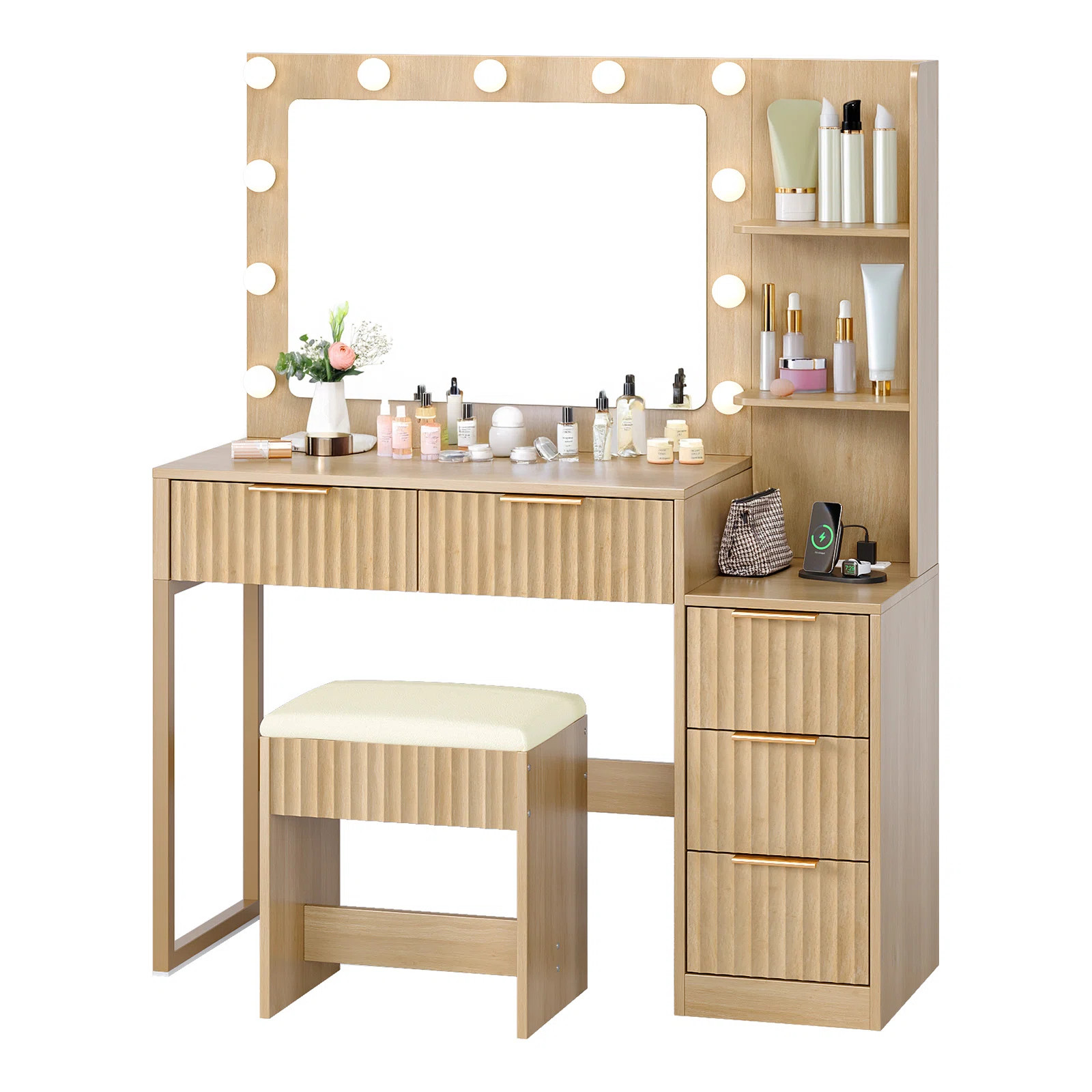 Lighted Vanity Set - 11pcs 3-Colour Dimmable Bulbs, 5 Drawer | Wayfair North America