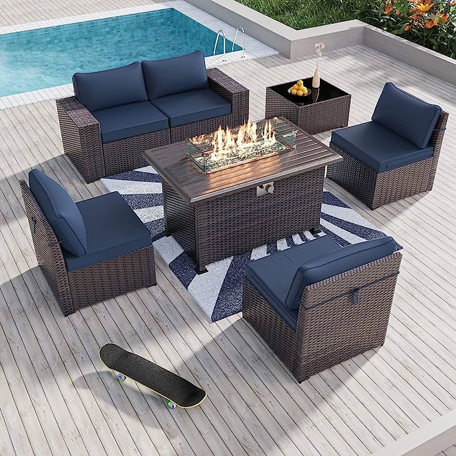 Kullavik 7 Pieces Outdoor Patio Furniture Set with 43" 55000BTU Gas Propane Fire Pit Table PE Wic... | Amazon (US)