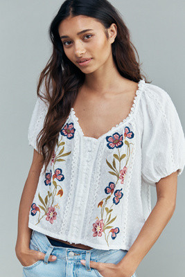 By Anthropologie 100% Cotton Embroidered Puff-Sleeve Blouse | Anthropologie (US)