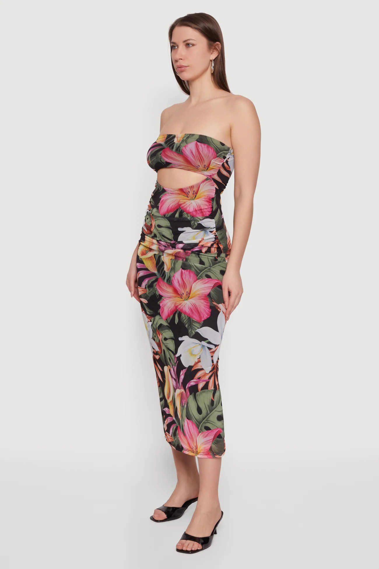 Patterned Keyhole Front Ruched Maxi Tube Dress | Rainbow Shops