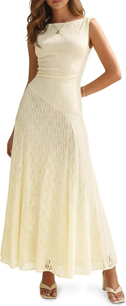 Wenrine Womens Sleeveless Maxi Dress Summer Lace Backless Boat Neck Zipper Flowy Party Cocktail Elegant Long Dresses | Amazon (US)