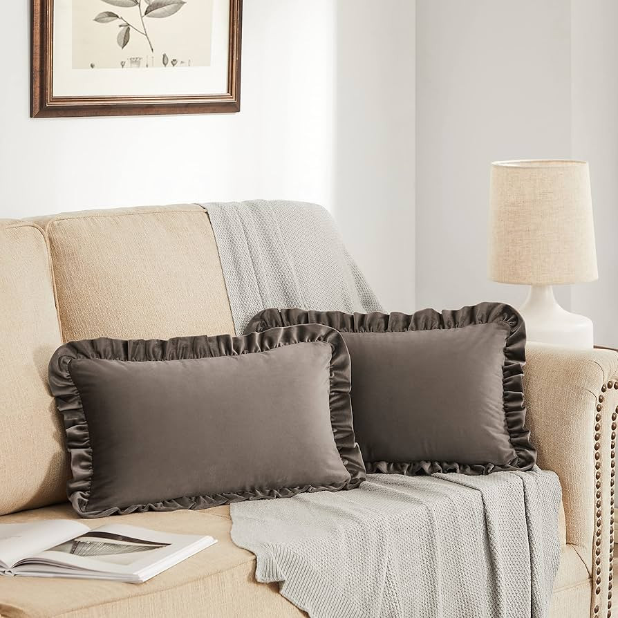 Amazon.com: GIGIZAZA Brown Lumbar Throw Pillow Covers, 12x20 Decorative Velvet Ruffle Cushion Pil... | Amazon (US)