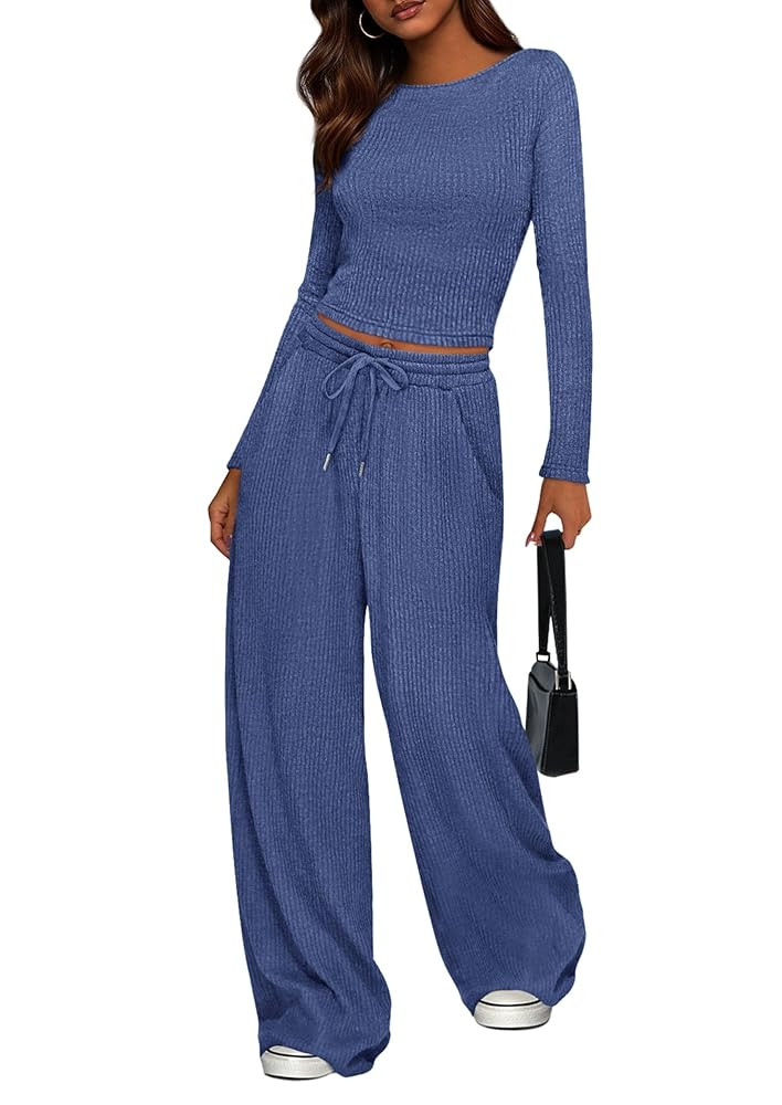 PRETTYGARDEN Women's 2 Piece Lounge Sets 2025 Fall Fashion Long Sleeve Crop Top Wide Leg Pants Ma... | Amazon (US)